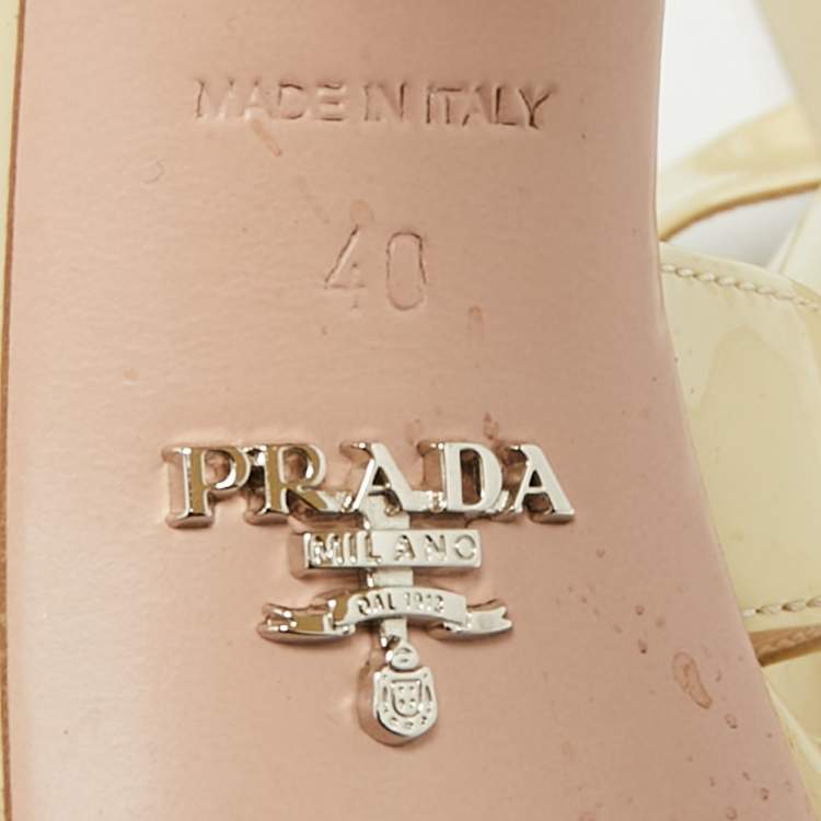 Pre Owned Prada Size 40 Cream Patent Leather Platform Block Heel Ankle Strap Sandals