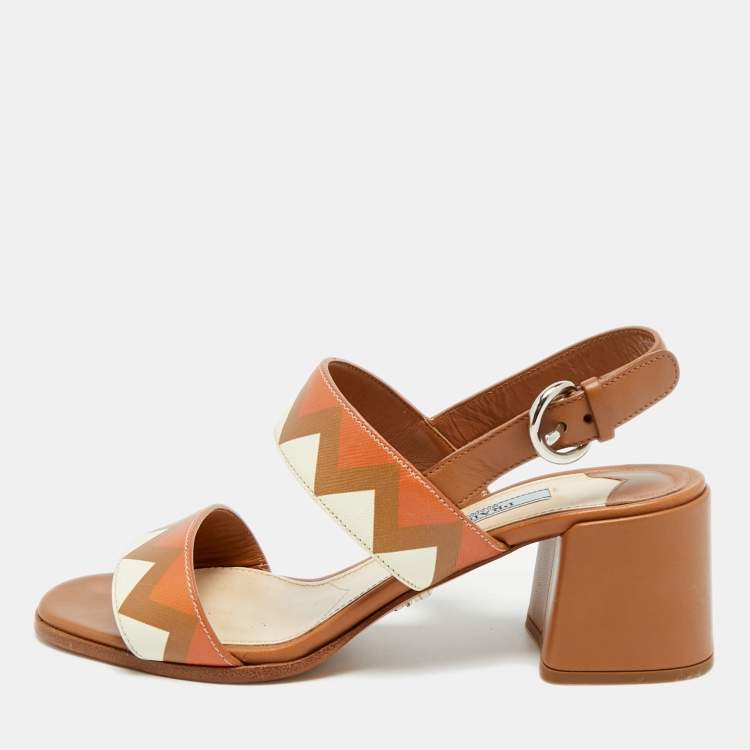Pre Owned Prada Size 37 Brown/Cream Leather Slingback Sandals