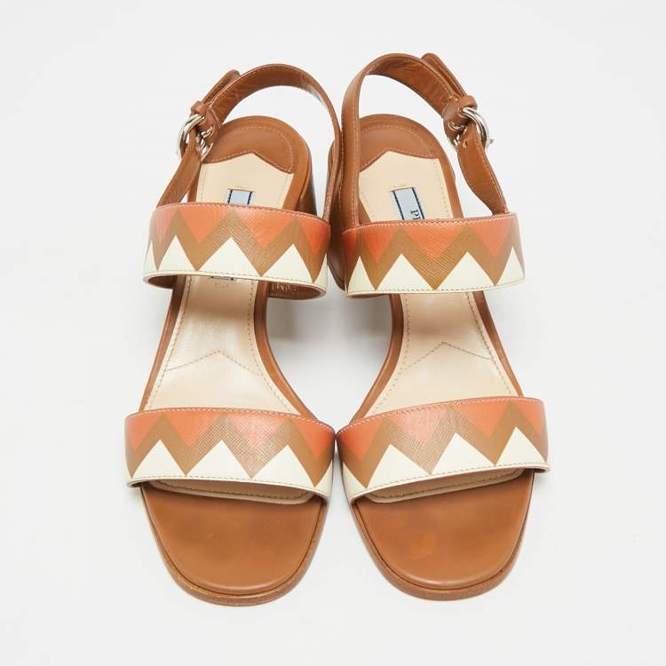 Pre Owned Prada Size 37 Brown/Cream Leather Slingback Sandals