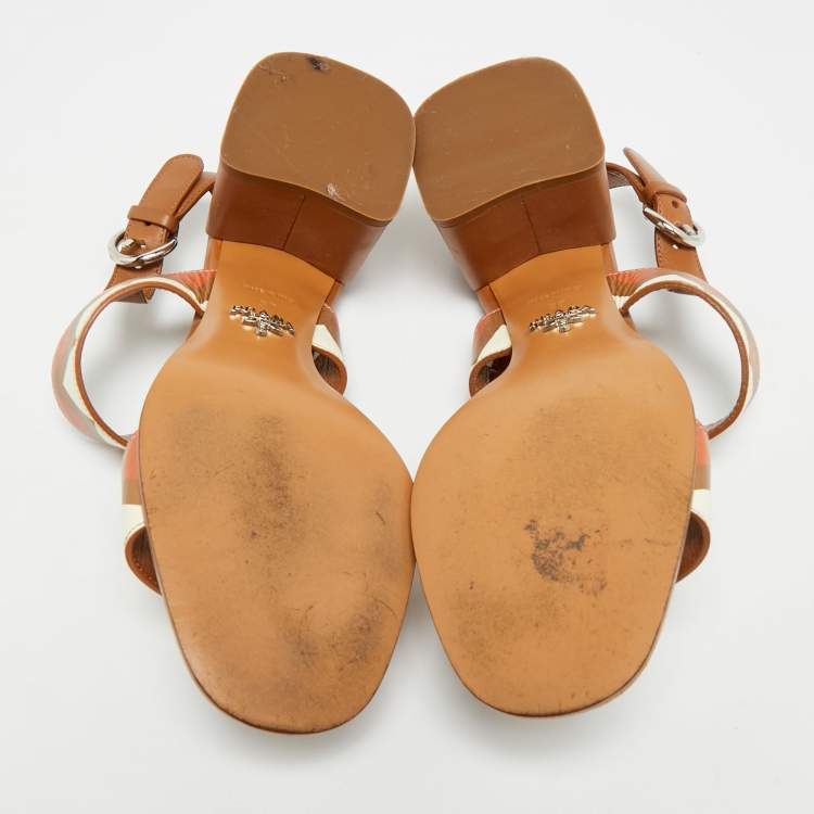 Pre Owned Prada Size 37 Brown/Cream Leather Slingback Sandals