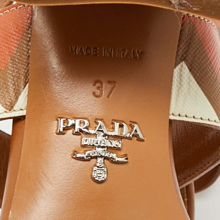 Pre Owned Prada Size 37 Brown/Cream Leather Slingback Sandals