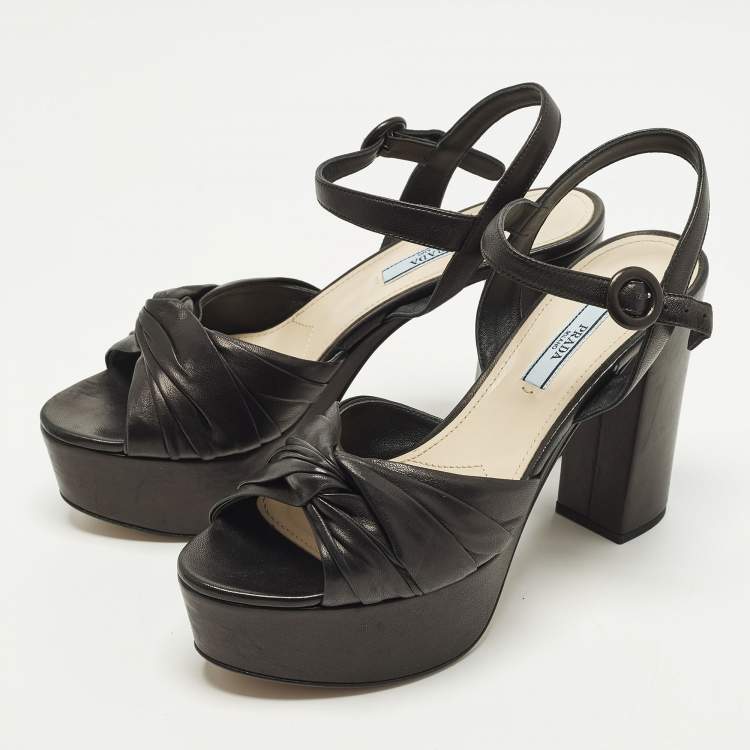 Pre Owned Prada Size 38 Black Leather Platform Ankle Strap Sandals