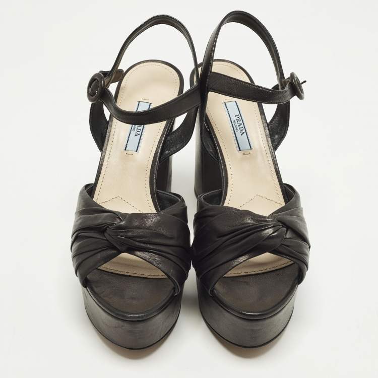 Pre Owned Prada Size 38 Black Leather Platform Ankle Strap Sandals