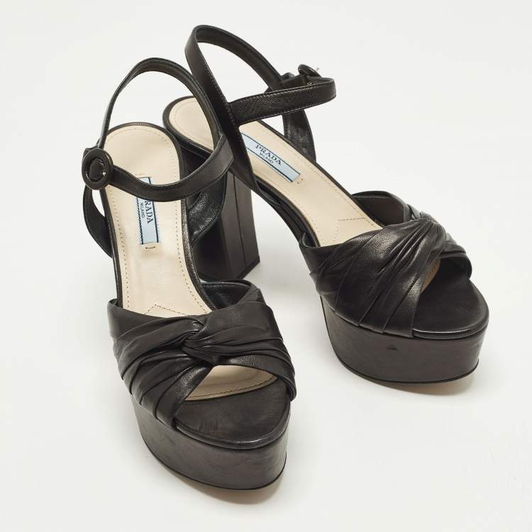 Pre Owned Prada Size 38 Black Leather Platform Ankle Strap Sandals