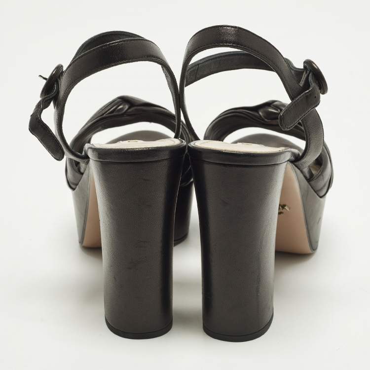 Pre Owned Prada Size 38 Black Leather Platform Ankle Strap Sandals