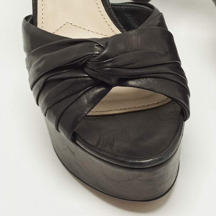 Pre Owned Prada Size 38 Black Leather Platform Ankle Strap Sandals