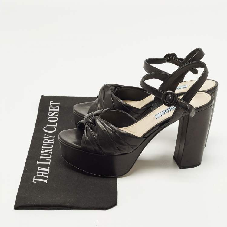 Pre Owned Prada Size 38 Black Leather Platform Ankle Strap Sandals