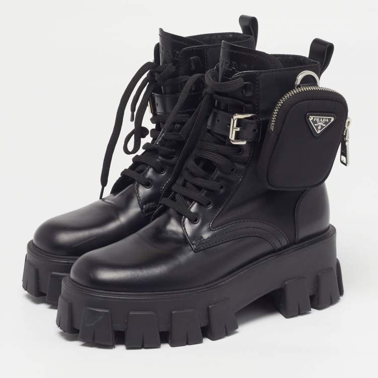 Pre Owned Prada Monolith Size 36 Black Leather And Nylon Ankle Length Boots