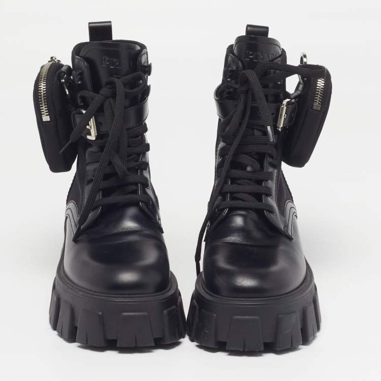 Pre Owned Prada Monolith Size 36 Black Leather And Nylon Ankle Length Boots