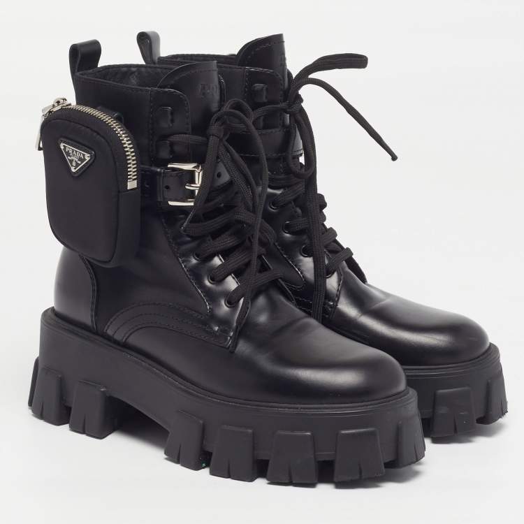 Pre Owned Prada Monolith Size 36 Black Leather And Nylon Ankle Length Boots