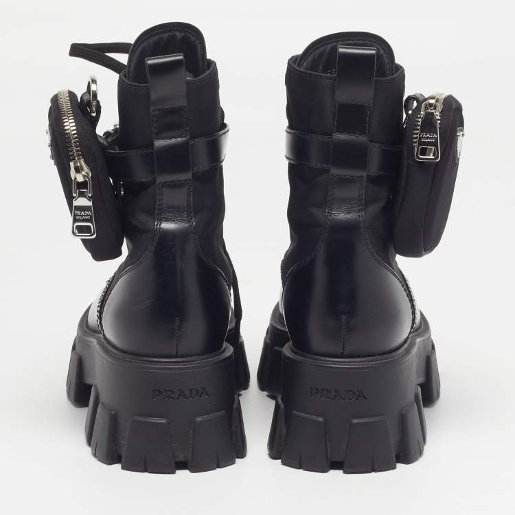 Pre Owned Prada Monolith Size 36 Black Leather And Nylon Ankle Length Boots