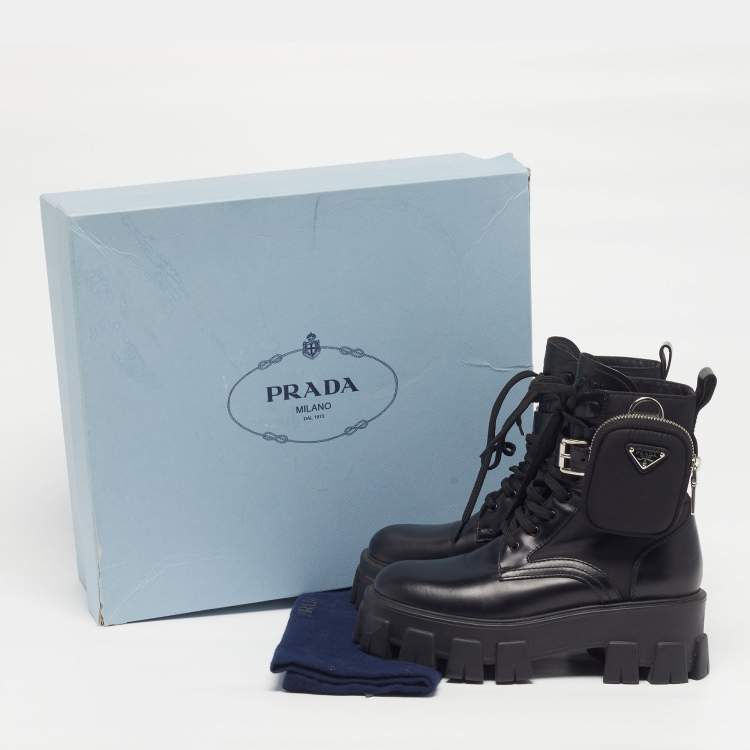 Pre Owned Prada Monolith Size 36 Black Leather And Nylon Ankle Length Boots