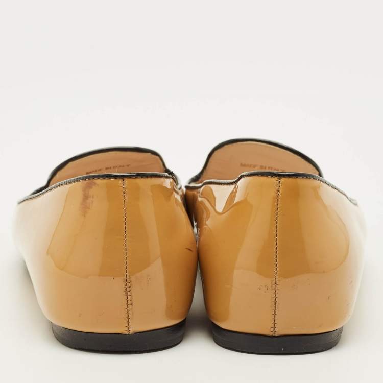 Pre Owned Prada Logo Size 38.5 Beige Patent Leather Smoking Slippers