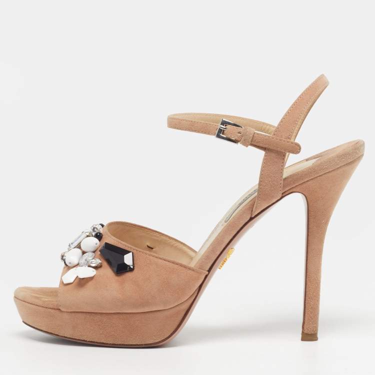 Pre Owned Prada Size 38 Beige Suede Crystal Embellished Ankle Strap Sandals