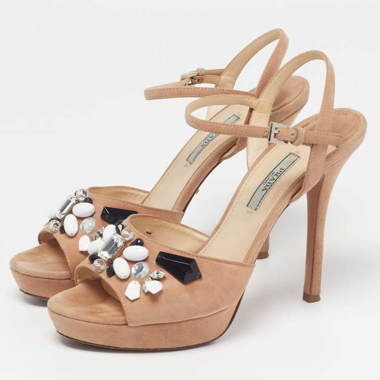 Pre Owned Prada Size 38 Beige Suede Crystal Embellished Ankle Strap Sandals