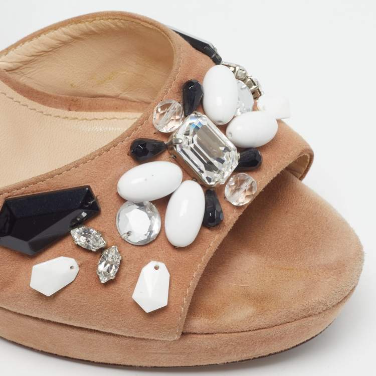 Pre Owned Prada Size 38 Beige Suede Crystal Embellished Ankle Strap Sandals
