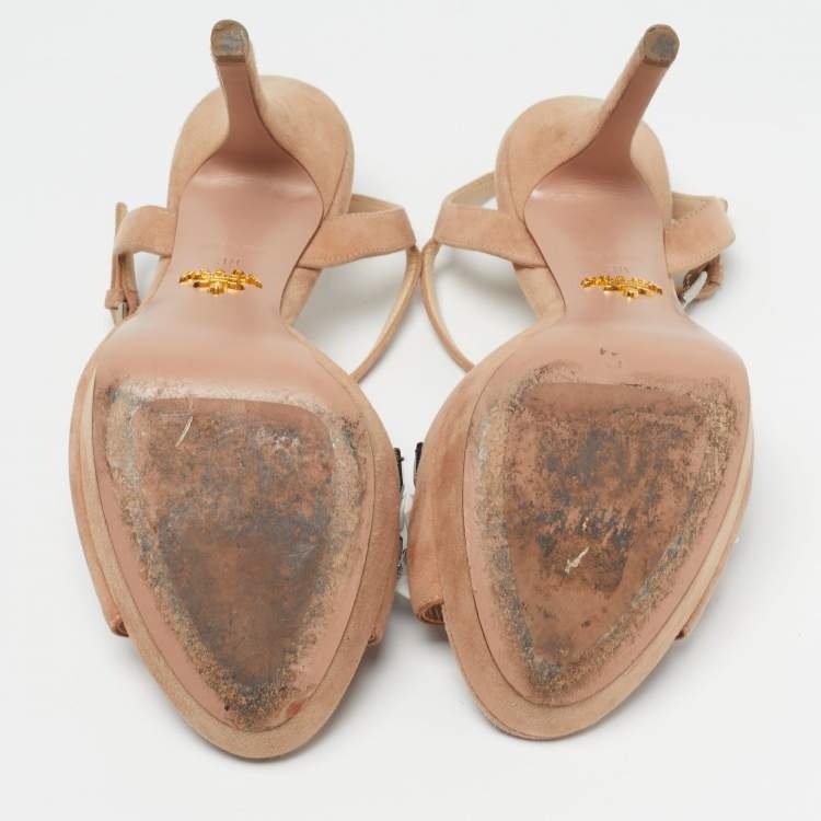 Pre Owned Prada Size 38 Beige Suede Crystal Embellished Ankle Strap Sandals