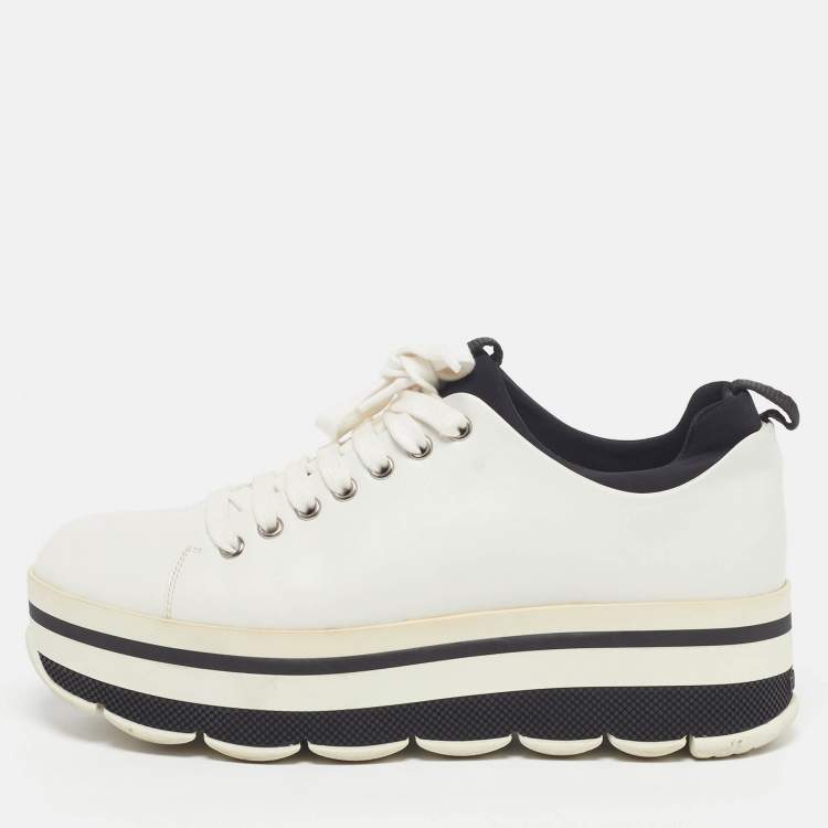 Pre Owned Prada Size 38 White/Black Leather Platform Lace Up Sneakers