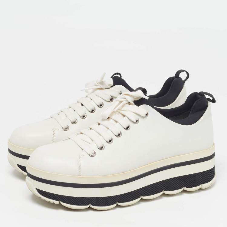 Pre Owned Prada Size 38 White/Black Leather Platform Lace Up Sneakers