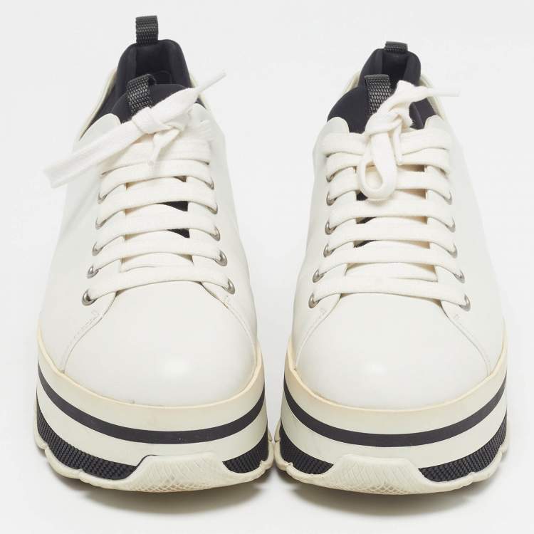 Pre Owned Prada Size 38 White/Black Leather Platform Lace Up Sneakers