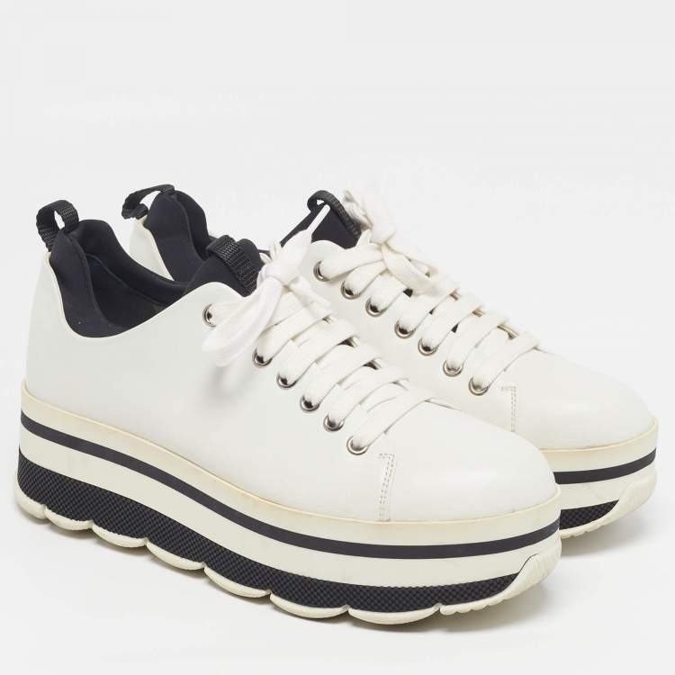Pre Owned Prada Size 38 White/Black Leather Platform Lace Up Sneakers