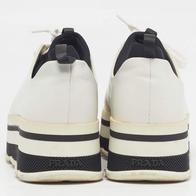 Pre Owned Prada Size 38 White/Black Leather Platform Lace Up Sneakers