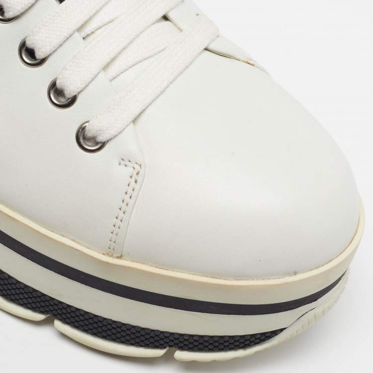 Pre Owned Prada Size 38 White/Black Leather Platform Lace Up Sneakers
