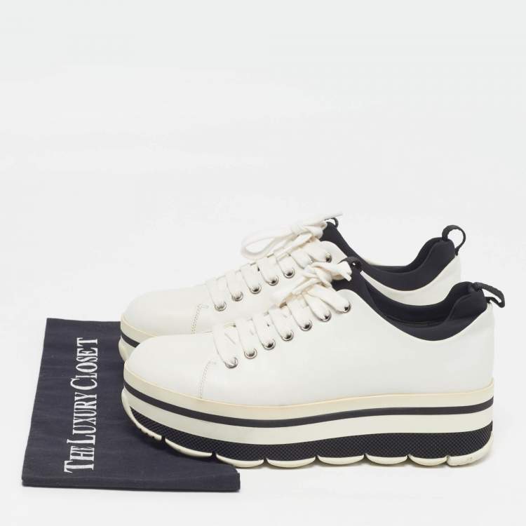 Pre Owned Prada Size 38 White/Black Leather Platform Lace Up Sneakers