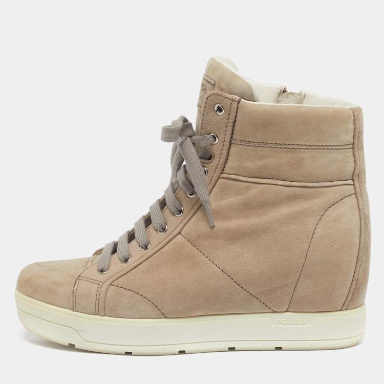 Pre Owned Prada Size 39 Beige Suede Wedge Sneakers
