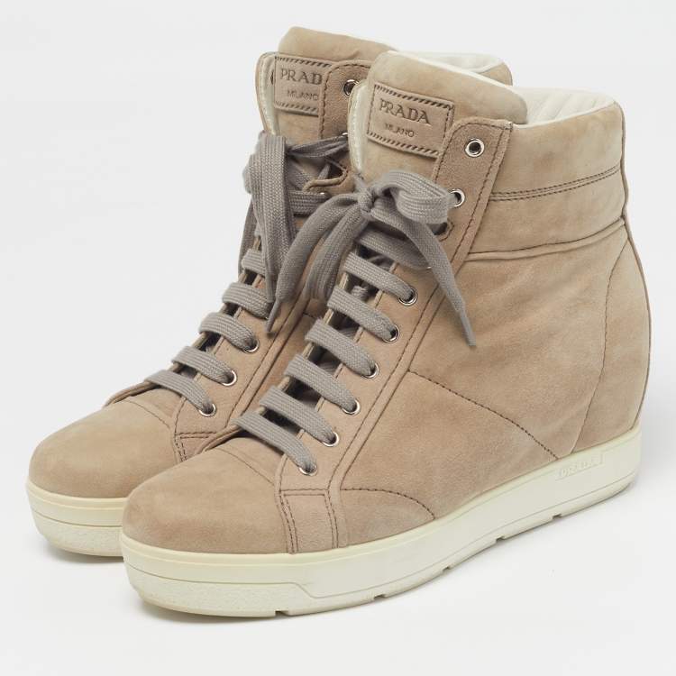 Pre Owned Prada Size 39 Beige Suede Wedge Sneakers