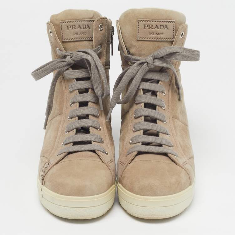 Pre Owned Prada Size 39 Beige Suede Wedge Sneakers