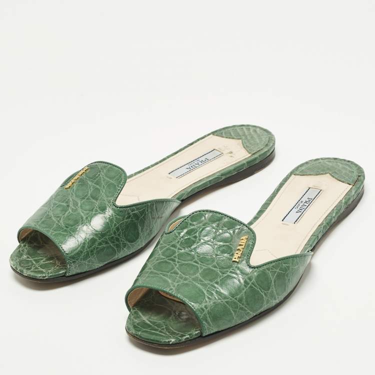 Pre Owned Prada Size 36.5 Green Crocodile Leather Flat Slide Sandals