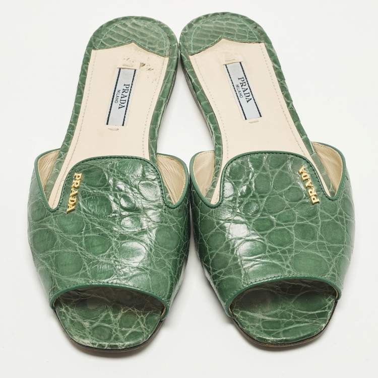 Pre Owned Prada Size 36.5 Green Crocodile Leather Flat Slide Sandals