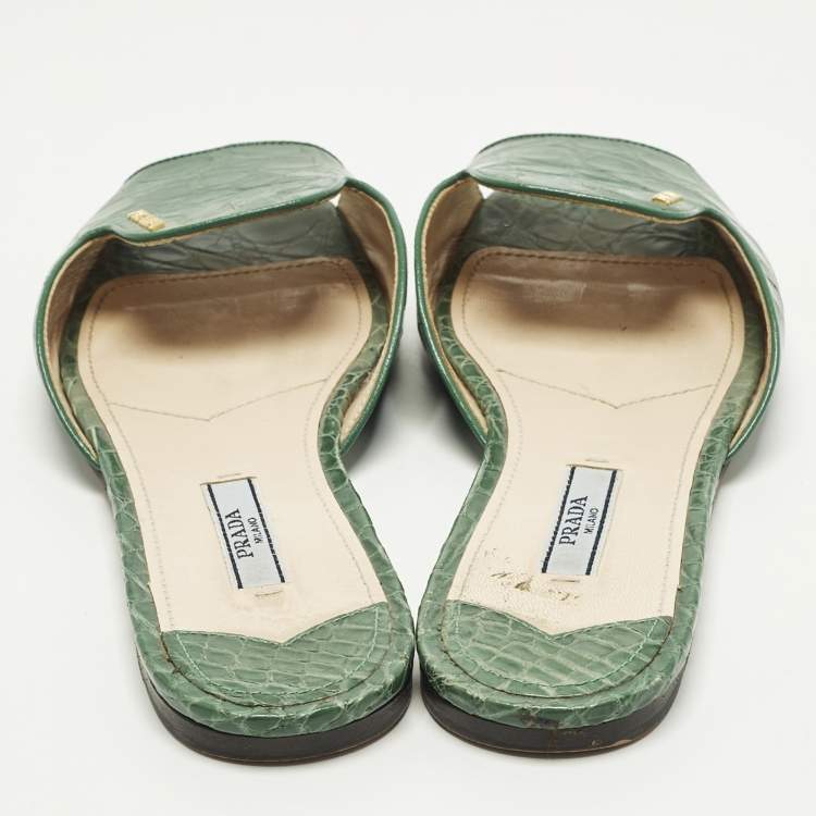 Pre Owned Prada Size 36.5 Green Crocodile Leather Flat Slide Sandals