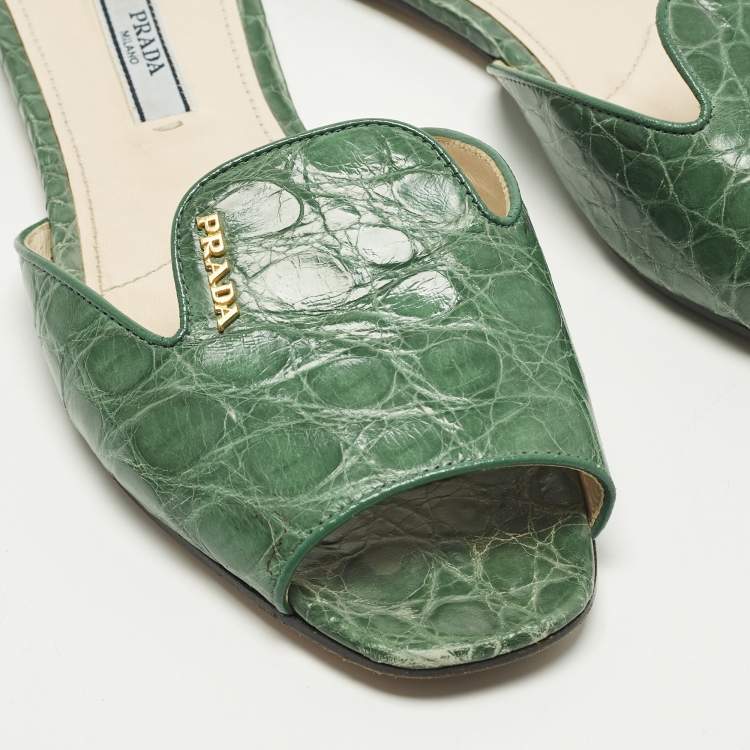 Pre Owned Prada Size 36.5 Green Crocodile Leather Flat Slide Sandals
