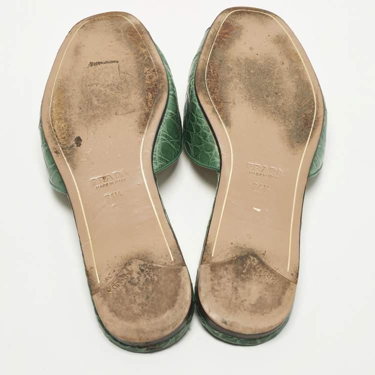 Pre Owned Prada Size 36.5 Green Crocodile Leather Flat Slide Sandals