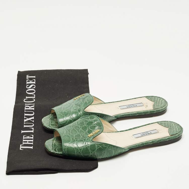 Pre Owned Prada Size 36.5 Green Crocodile Leather Flat Slide Sandals