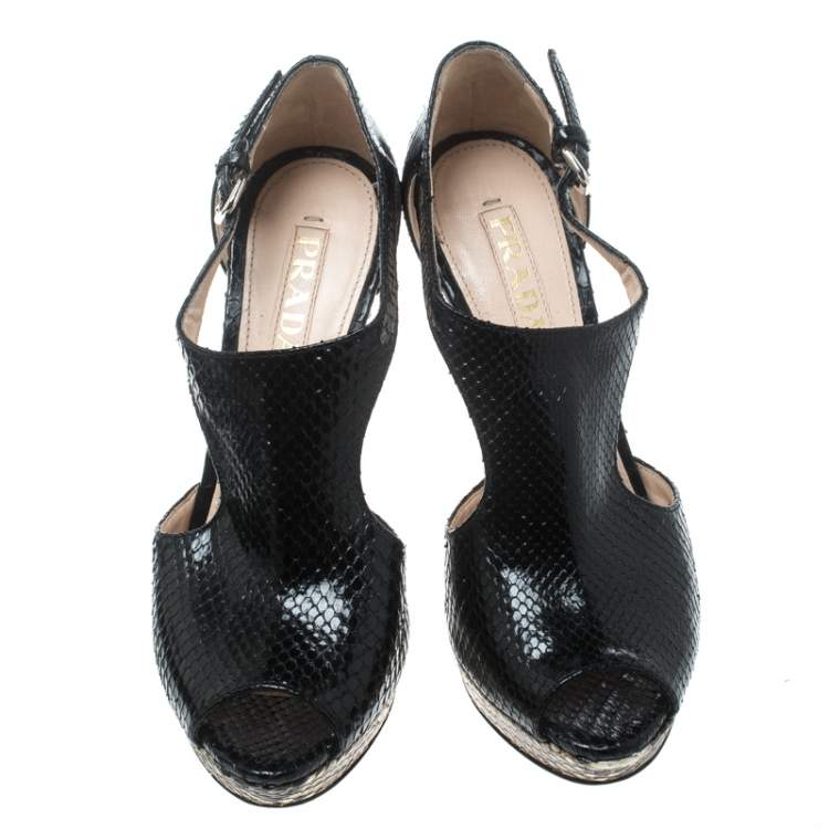 Pre Owned Prada Black Python Leather Cut Out Platform Sandals Size 37