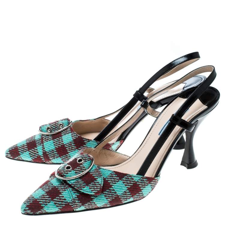 Pre Owned Prada Multicolor Check Pattern Fabric and Leather Slingback Sandals Size 37.5