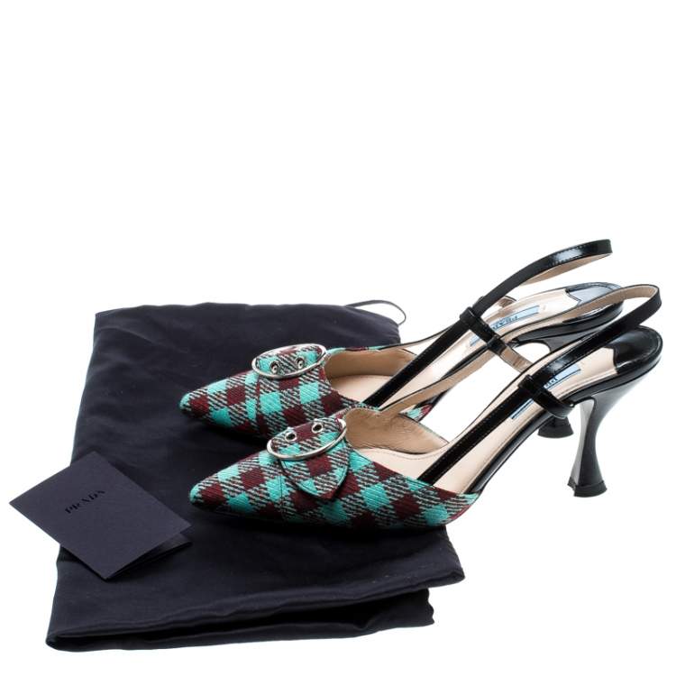 Pre Owned Prada Multicolor Check Pattern Fabric and Leather Slingback Sandals Size 37.5