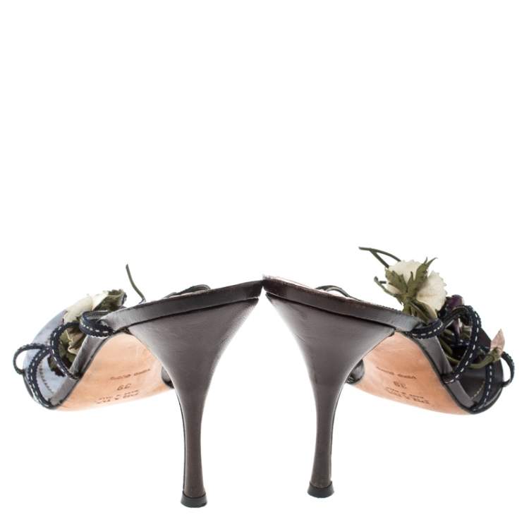 Pre Owned Prada Multicolor Fabric and Leather Flower Embellished Sandals Size 39