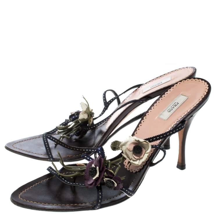 Pre Owned Prada Multicolor Fabric and Leather Flower Embellished Sandals Size 39