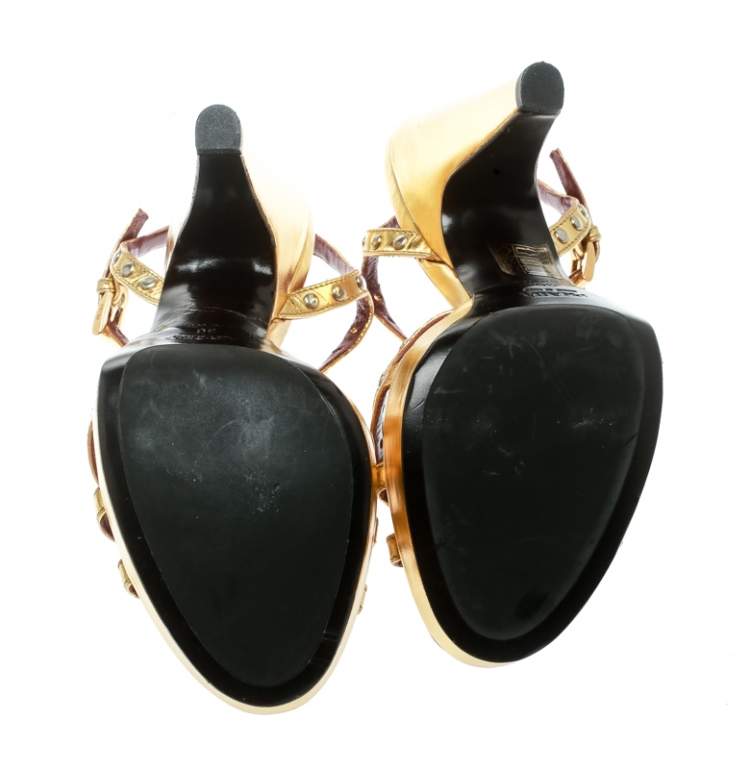 Pre Owned Prada Gold Leather Studded Platform Ankle Strap Sandals Size 36