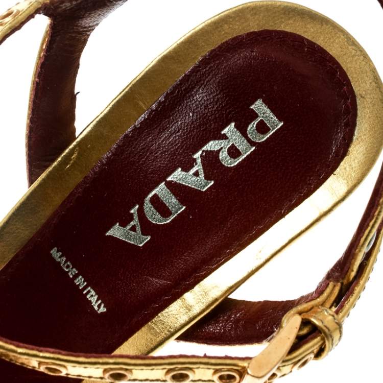 Pre Owned Prada Gold Leather Studded Platform Ankle Strap Sandals Size 36