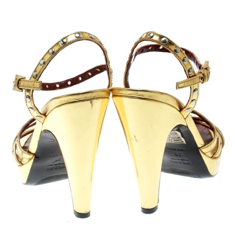 Pre Owned Prada Gold Leather Studded Platform Ankle Strap Sandals Size 36