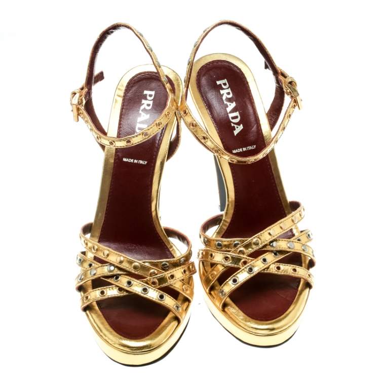 Pre Owned Prada Gold Leather Studded Platform Ankle Strap Sandals Size 36