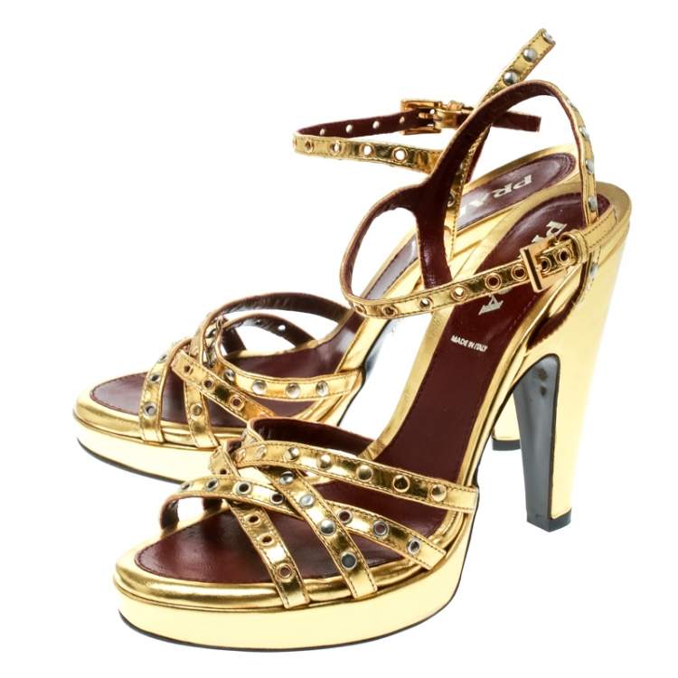 Pre Owned Prada Gold Leather Studded Platform Ankle Strap Sandals Size 36