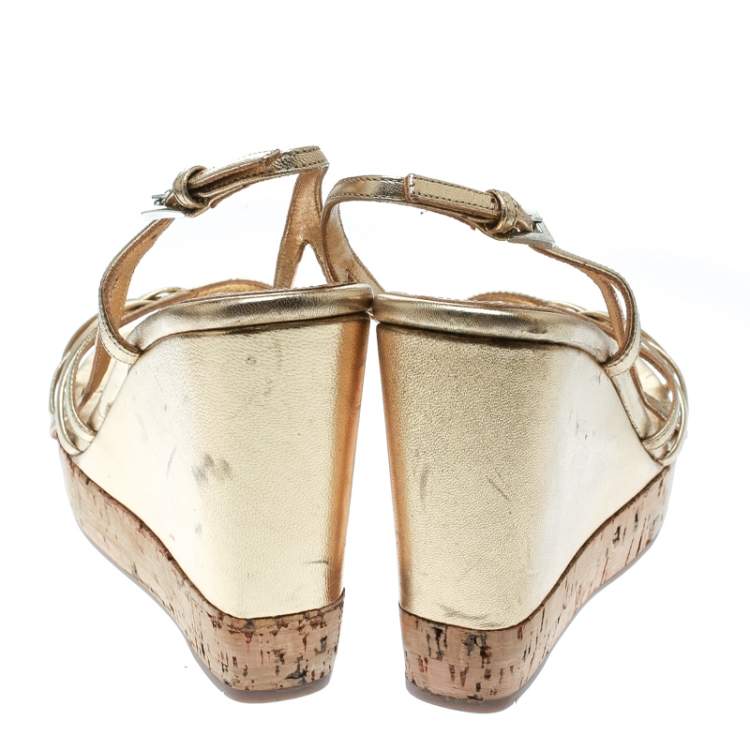 Pre Owned Prada Gold Leather Sligback Platform Wedge Sandals Size 36
