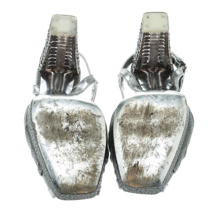 Pre Owned Prada Silver Fabric and Leather Crystal Embellished Slingback Sandals Size 36