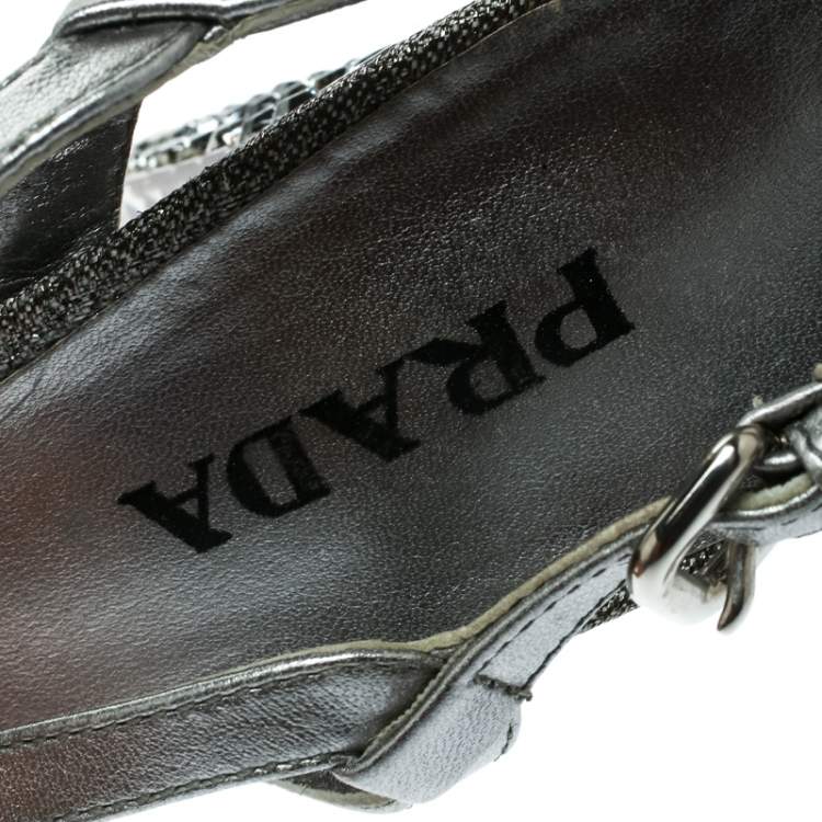 Pre Owned Prada Silver Fabric and Leather Crystal Embellished Slingback Sandals Size 36